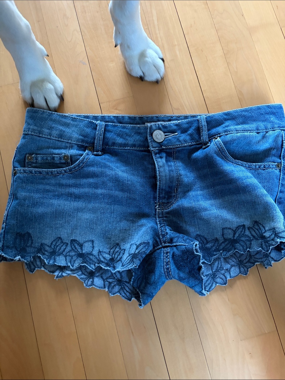 SO Women's Blue Denim Shorts with Floral Embroidered Hem